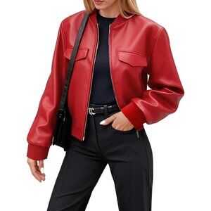 Women's Bright Red Faux Leather Cropped Coat Cute Short Zip Up Casual Jackets